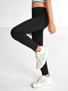 SHEIN 年轻女孩柔软、透气、高弹性黑色紧身裤，适合运动、瑜伽、跑步、徒步旅行、海滩，适合日常穿着和户外运动 - 黑色 - 查看 4