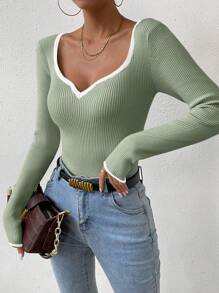 Zielony 春秋休闲撞色修身毛衣，领口饰有水钻，长袖上衣，针织套头衫，秋冬款 - 薄荷綠 - 查看 3