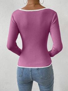 RosyDaze 撞色滚边长袖套头毛衣，日常休闲穿着，秋冬针织衫 - 玫紅色 - 查看 2