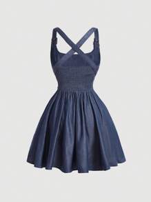 SHEIN MOD 蓝色牛仔效果复古可爱蝴蝶结女装返校服复古风格休闲女装教师衬衫返校节礼服 - 深灰色 - 查看 2