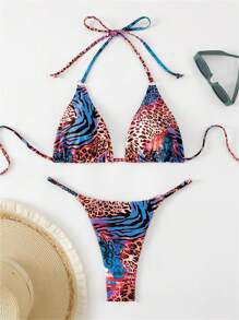 SHEIN Swim Set de 2 piezas de traje de baño de mujer con estampado animal, patrón impreso al azar para verano