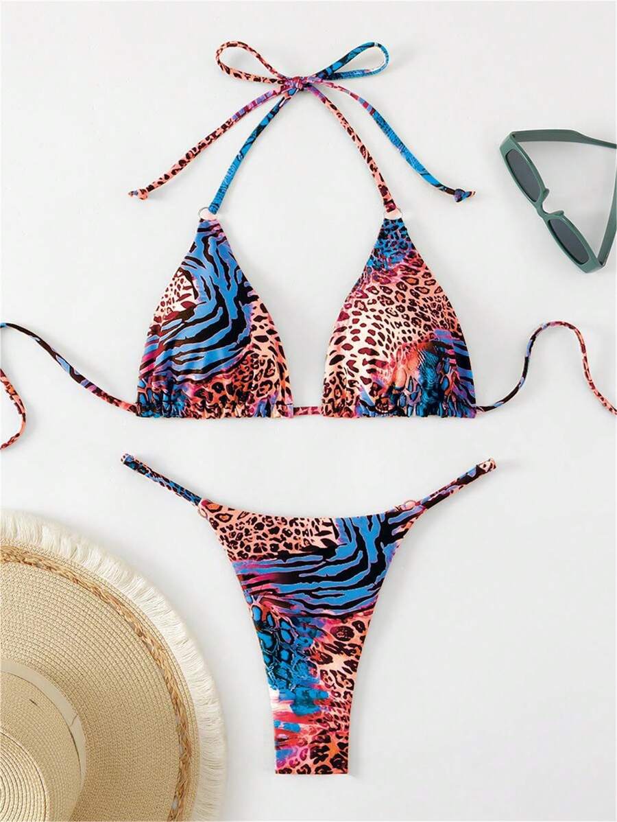 SHEIN Swim 2 件套女士动物印花泳衣套装，印花图案随机夏季 - 彩色 - 查看 1