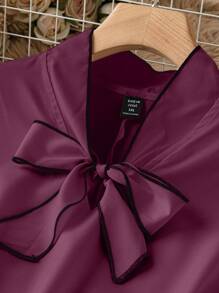 SHEIN Clasi 大码女式优雅春夏结领长袖通勤衬衫衬衫优雅酒红色衬衫女式衬衫长袖优雅女式上衣 - 紫色 - 查看 3