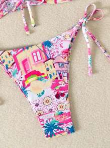 SHEIN Swim 女士夏季海灘比基尼套裝，空心椰樹圖案胸圍上衣配束邊下著 - 粉色 - 查看 5