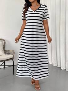 Calvaya Plus Size Sọc Colorblock Side Slit Váy đi nghỉ mát ở bãi biển mùa hè thông thường - Đen và trắng - Xem 5