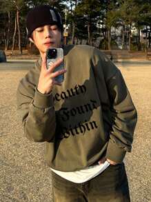 DAZY Men's Autumn Letter Print Pullover Sweatshirt - Green - View 6