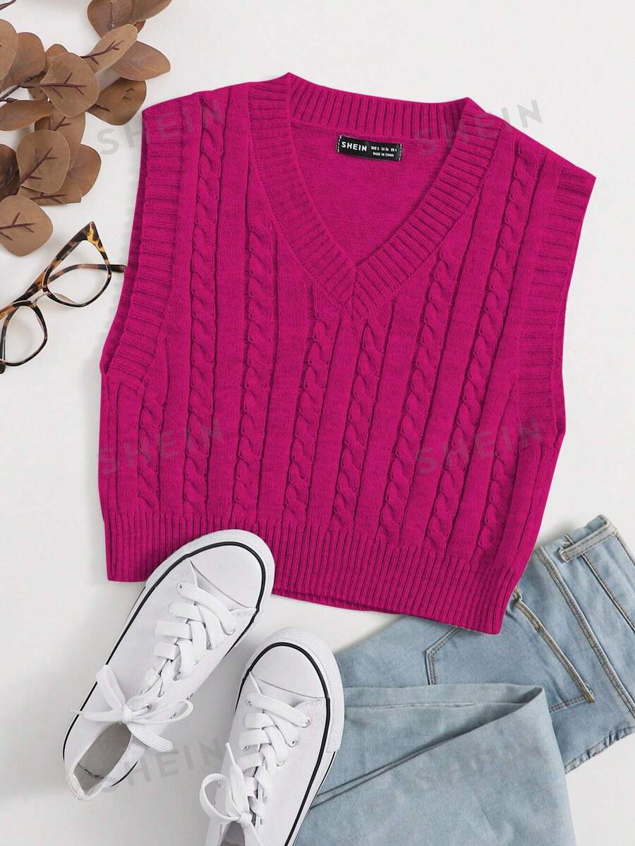 Elamini Jersey informal de punto de cuello en V sin mangas de color liso - Rosa Fucsia - Ver 1