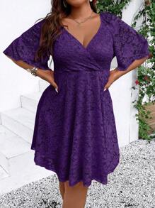 DreamSkyne Vestido de verano elegante de talla grande de unicolor con cintura ajustada de encaje - Morado - Ver 5
