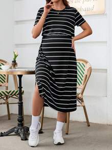 SHEIN Maternity Striped Round Neck Short Sleeve Casual Breastfeeding Nursing Dress, Summer - Black - View 3