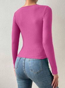 RosyDaze Solid Color Hollow-Out Twist Front Long Sleeve Sweater Pullover, Knit Pullover Fall Winter - Hot Pink - View 2