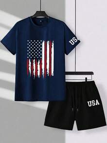 Manfinity Homme Bộ áo thun ngắn tay cổ tròn in cờ mùa hè có dây rút và quần short thắt lưng dành cho nam - Nhiều màu - Xem 3