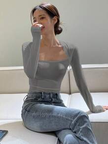 DAZY 女士纯色修身长袖天鹅领口 T 恤，适合春夏、秋季女装