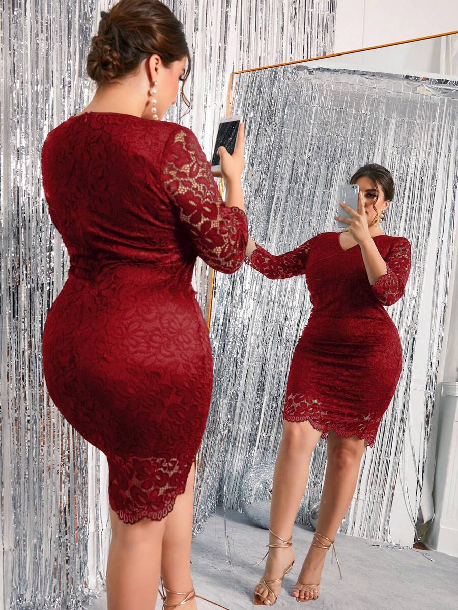 Celure Plus Solid Lace Bodycon Dress - Burgundy - View 1