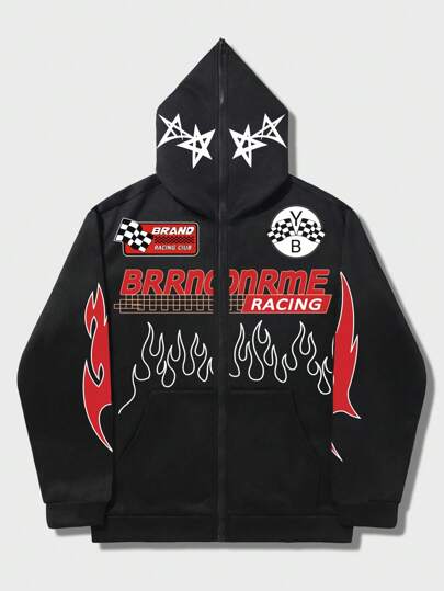 Men's Hooded Zipper-Up Letter Printed Long Sleeve Sweatshirt, School