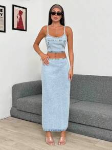 RueChic SLIT DETAIL MAXI DENIM SKIRT AND DENIM BRA SET - Medium Wash - View 3