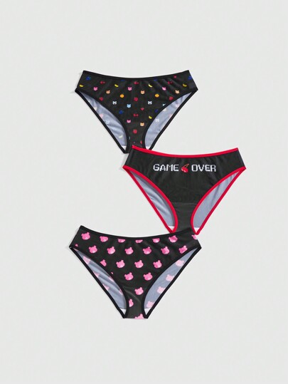 Kawaii Ensemble de sous-vêtements à triangle imprimé de jeu de fruits et d'ours, 3 pièces