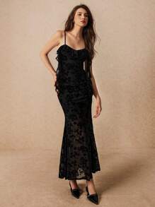 SHEIN Frenchy Women Clothes,Summer Women Dress, Women Dresses ,Evening Dress, Women Black Ruffle Tassel Elegant Velvet Jacquard Dress, Prom Dress, Homing Coming Party Dress, Halloween Outfit, Semi Sheer Long Dress, Fall Clothes - Black - View 4