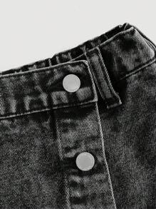 SHEIN Girlism 少女纯色水洗 Y2K 风格不对称搭扣设计牛仔短裙，适合夏季度假、返校季和街头穿着 - 黑色 - 查看 4