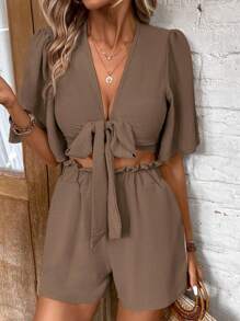 SHEIN LUNE Bộ đồ hai mảnh màu trơn đơn giản dành cho nữ, áo cổ chữ V sâu và quần short, trang phục hàng ngày - màu nâu - Xem 4