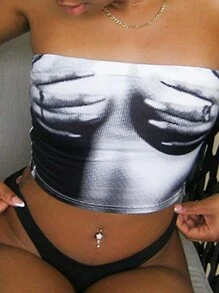 SHEIN SXY 女士簡單印花無肩帶上衣 - 黑與白 - 查看 3