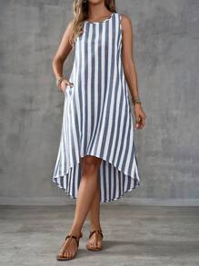 EMERY ROSE Vestido de mujer sin mangas con rayas de estilo campestre para vacaciones en la isla