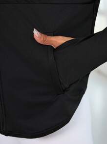 Easithlete 女士純色拉鍊連帽長袖日常健身運動外套 - 黑色 - 查看 5