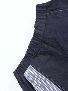 SHEIN 男童牛仔與條紋拼接鈕扣衫和編織胸口短袖短褲套裝，適用於休閒和居家穿著 - 藍色 - 查看 6