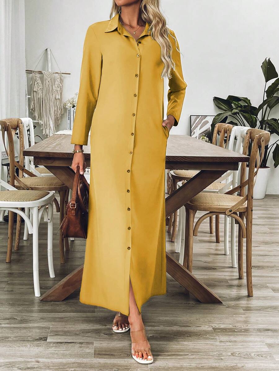 SHEIN LUNE 女裝春夏長袖純色休閒襯衫裙 - 黃色 - 查看 1