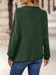 EMERY ROSE Solid Color Draped Neck Fringe Decorated Long Sleeve Sweater - Army Green - View 2