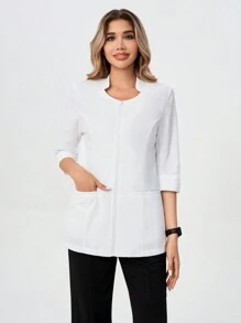 TaskEZ Áo khoác đồng phục y tá màu trơn có túi đôi - trắng - Xem 4