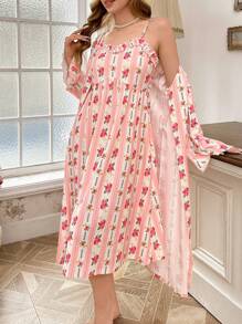 Romantic Floral Print Ruffle Hem Cami Nightgown And Robe Set, Countryside Style - Pink - View 5