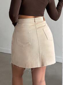 SHEIN Cottnline Plus Solid Frayed Hem  Casual Skirt - Beige - View 4