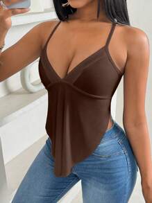 BamGleam 女士夏季純色不對稱下擺露背肩帶背心，配有綁帶背部設計 - 棕色 - 查看 3