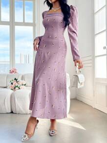 Modelyn Women's Embroidered Decor Minimalist Daily Wear Arabian Modest Dress - Dusty Pink - View 6