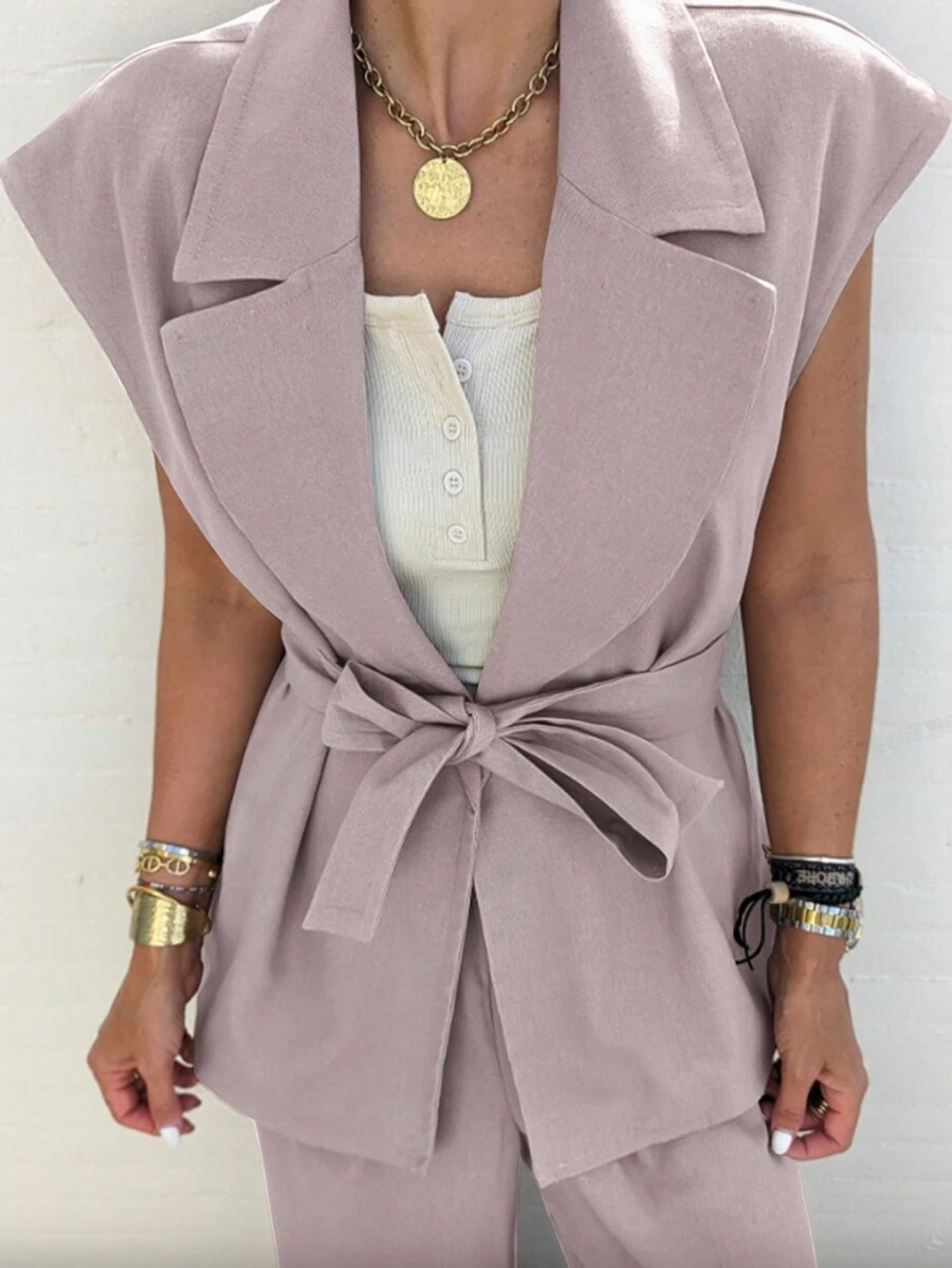 Chiquease Áo blazer thắt lưng có cổ ve áo - Cà phê nâu - Xem 1