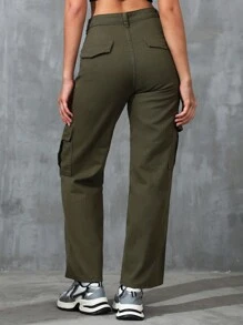 SHEIN EZwear 女裝鬆身休閒牛仔褲，直筒帶口袋，工裝風格 - 軍綠色 - 查看 2