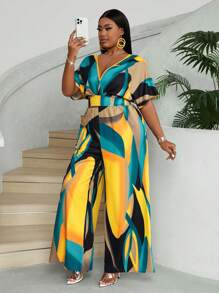 Maweii 大码女式花卉印花 V 领蝙蝠袖休闲长款连体裤，适合度假、夏季 - 彩色 - 查看 4