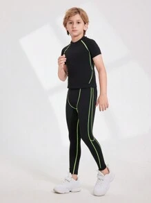 SHEIN Áo thun ngắn tay và quần dài cổ tròn màu sắc cho bé trai Tween Trang phục thể thao mùa hè - màu đen - Xem 3