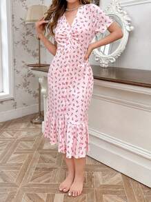 CottageSlumber Vestido de dormir de manga corta con volante en el bajo y estampado floral pequeño, vestido largo de solapa única perfecto para el verano y las vacaciones