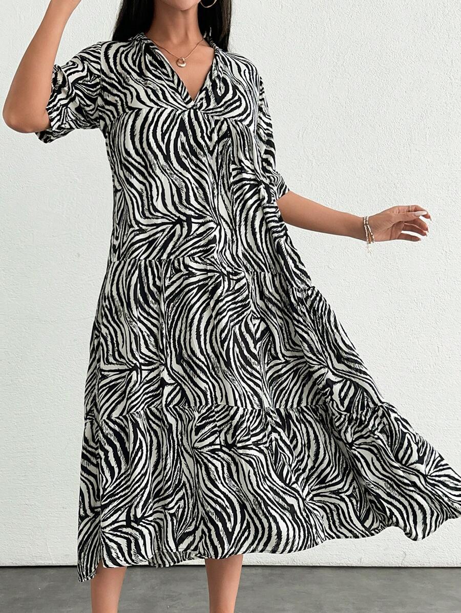 RueChic Smoke Dress With Zebra Pattern And Ruffle Hem, Short Sleeves, V Neck - Black - View 1