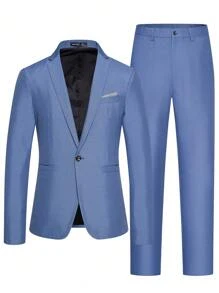Manfinity Mode Men Single Button Blazer & Suit Pants, Men Suits Slim Fit, Baby Blue Men Outfit, Men Outerwear Co Ords