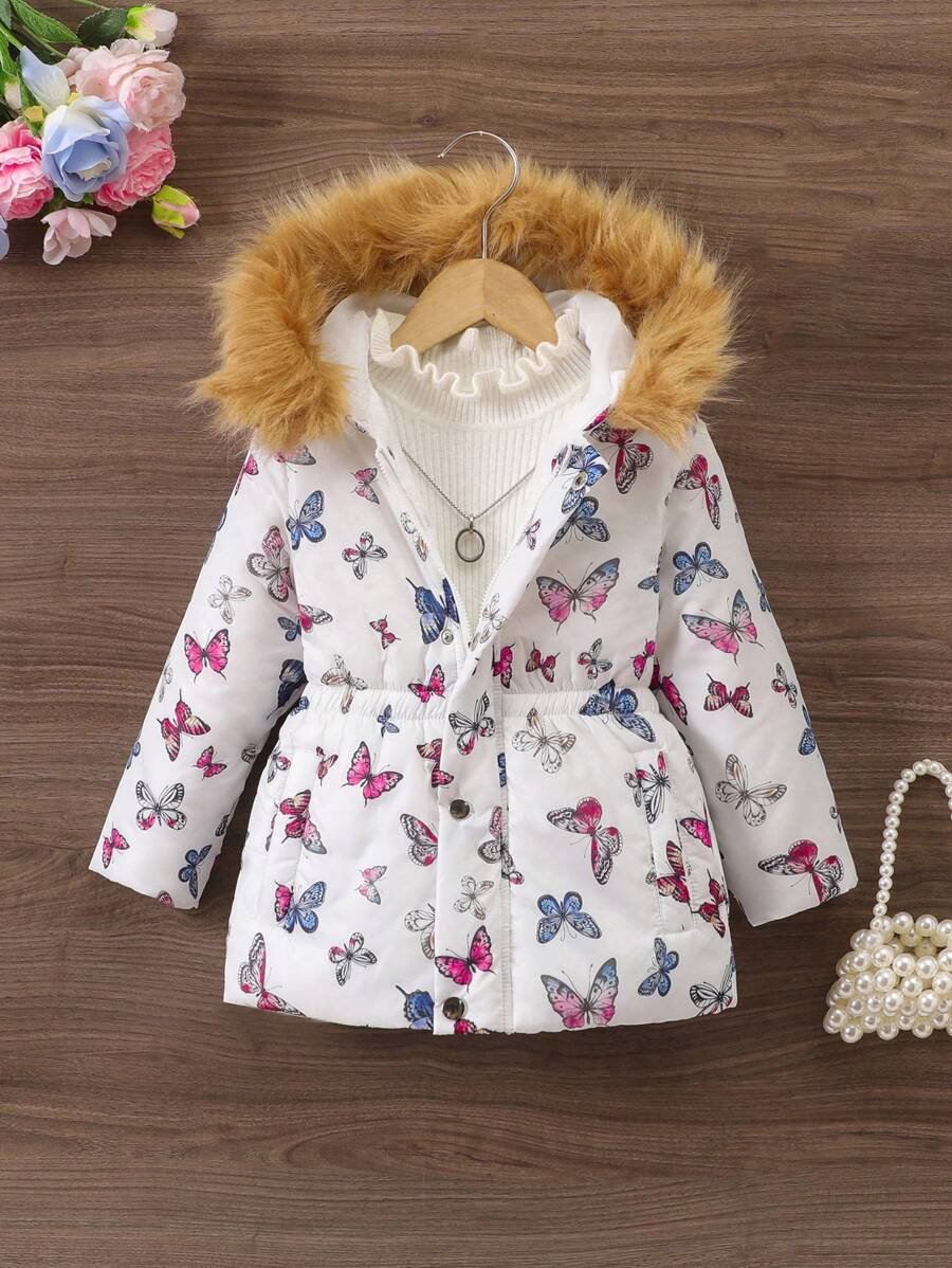 Manteau matelassé à capuche épaissi avec imprimé papillon mignon pour jeunes filles, hiver - Blanc - Voir 1
