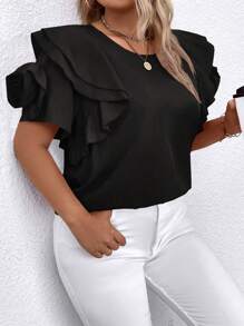 SHEIN Clasi Plus Size Women's Solid Color Simple Daily Short Sleeve Shirt - Black - View 4