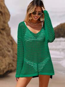 SHEIN Swim 女士纯色落肩镂空宽松衬衫连衣裙夏季