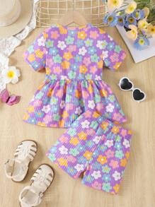 SHEIN Mùa hè của cô gái trẻ in hoa cổ tròn tay ngắn xù viền áo thun và quần short thường ngày 2 cái/bộ - Màu tím - Xem 2