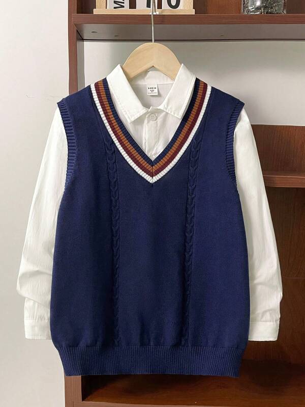 SHEIN Chaleco de suéter tejido con cuello en V y bloque de color casual para chicos adolescentes, sin mangas, jersey moderno y sencillo, estilo de negocios/universidad