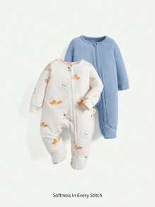 Cozy Pixies 新生嬰兒男童卡通動物圖案圓領長袖連身衣連褲套裝 - 藍色 - 查看 1