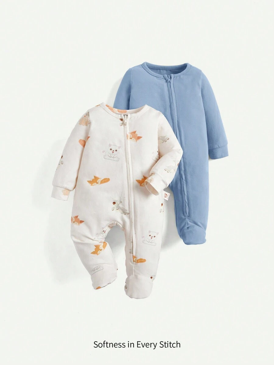 Cozy Pixies 新生嬰兒男童卡通動物圖案圓領長袖連身衣連褲套裝 - 藍色 - 查看 1