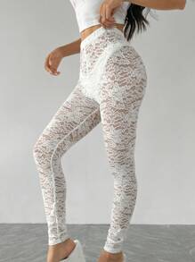 SHEIN Unity 白色蕾丝设计性感女士紧身裤 - 白色 - 查看 5