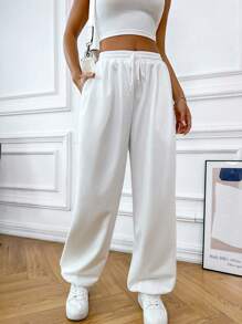 SHEIN MOOSTA Pantalones deportivos unicolor de cintura con cordón con bolsillo oblicuo